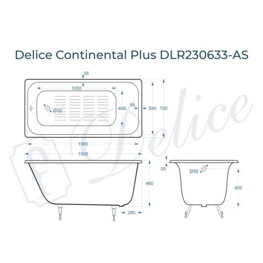 Ванна чугунная Delice Elite Continental Plus DLR230633-AS, 150 х 70 см, антискользящее покрытие, без ручек, цвет белый