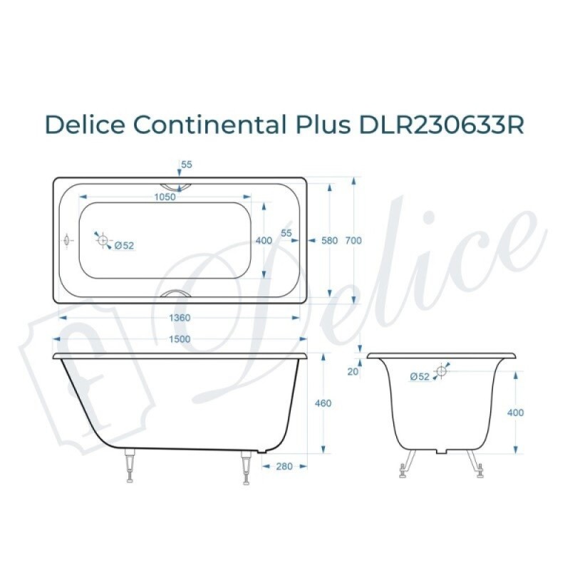 Ванна чугунная Delice Elite Continental Plus DLR230633R, 150 х 70 см, без покрытия, с отверстиями под ручки, без ручек, цвет белый