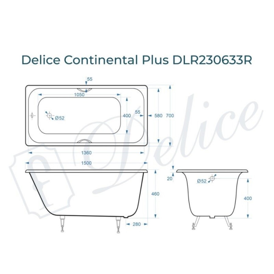 Ванна чугунная Delice Elite Continental Plus DLR230633R, 150 х 70 см, без покрытия, с отверстиями под ручки, без ручек, цвет белый