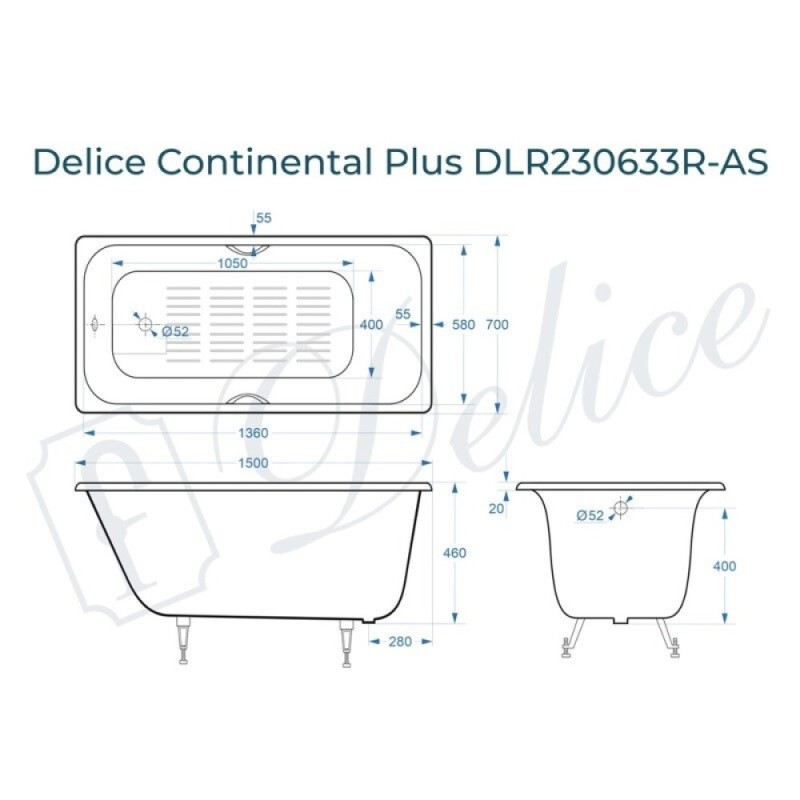 Ванна чугунная Delice Elite Continental Plus DLR230633R-AS, 150 х 70 см, антискользящее покрытие, отверстия под ручки, без ручек, цвет белый
