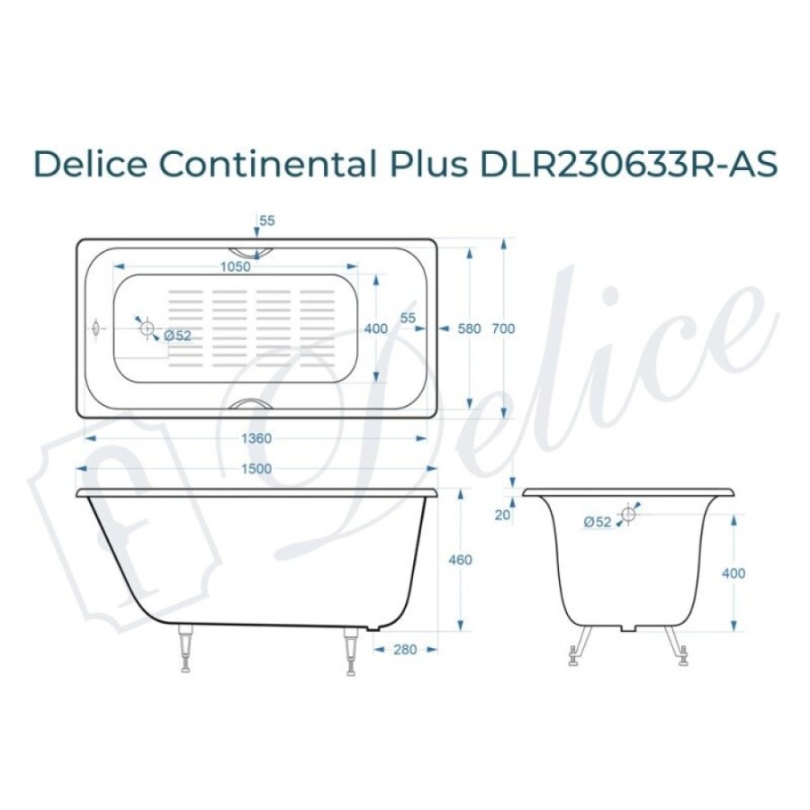Ванна чугунная Delice Elite Continental Plus DLR230633R-AS, 150 х 70 см, антискользящее покрытие, отверстия под ручки, без ручек, цвет белый