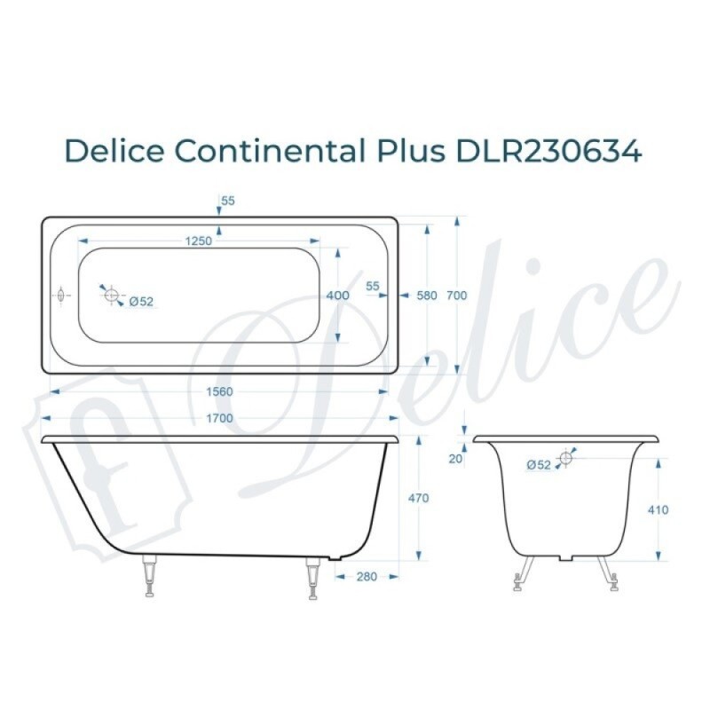 Ванна чугунная Delice Elite Continental Plus DLR230634, 170 х 70 см, без покрытия, без ручек, цвет белый