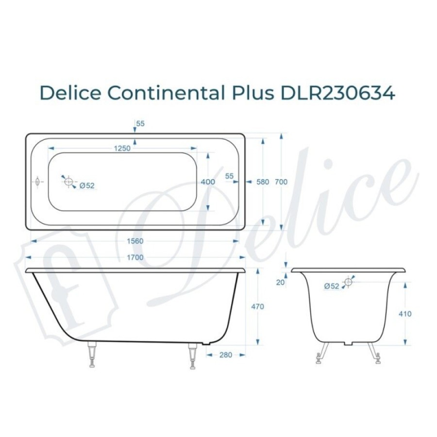 Ванна чугунная Delice Elite Continental Plus DLR230634, 170 х 70 см, без покрытия, без ручек, цвет белый