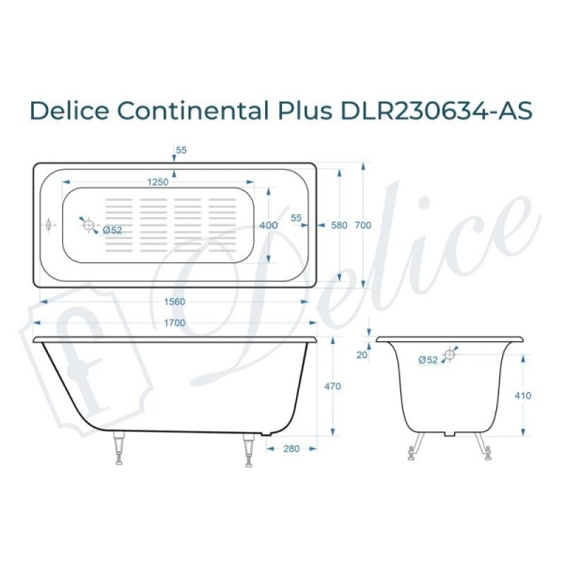 Ванна чугунная Delice Elite Continental Plus DLR230634-AS, 170 х 70 см, антискользящее покрытие, без ручек, цвет белый
