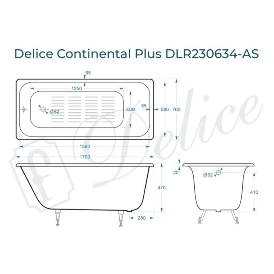 Ванна чугунная Delice Elite Continental Plus DLR230634-AS, 170 х 70 см, антискользящее покрытие, без ручек, цвет белый
