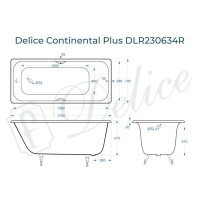 Ванна чугунная Delice Elite Continental Plus DLR230634R, 170 х 70 см, без покрытия, с отверстиями под ручки, без ручек, цвет белый