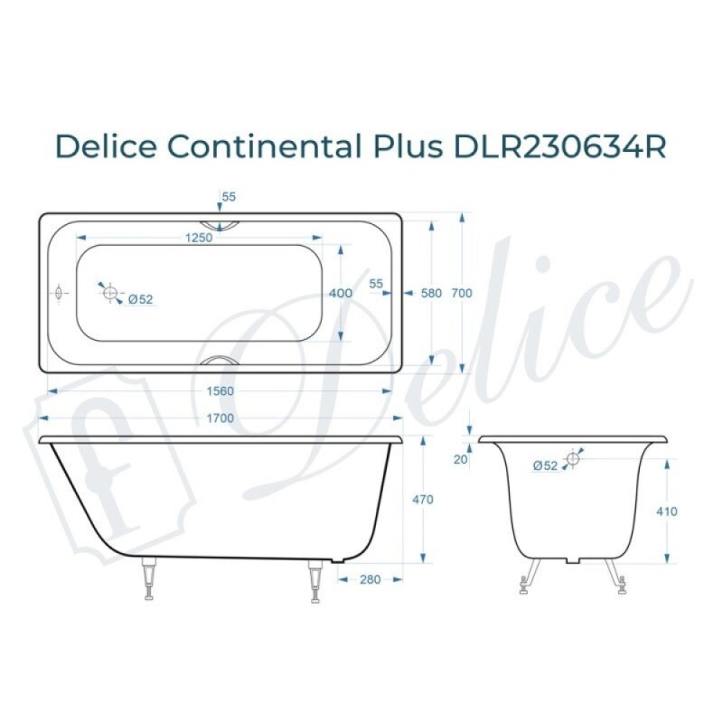 Ванна чугунная Delice Elite Continental Plus DLR230634R, 170 х 70 см, без покрытия, с отверстиями под ручки, без ручек, цвет белый
