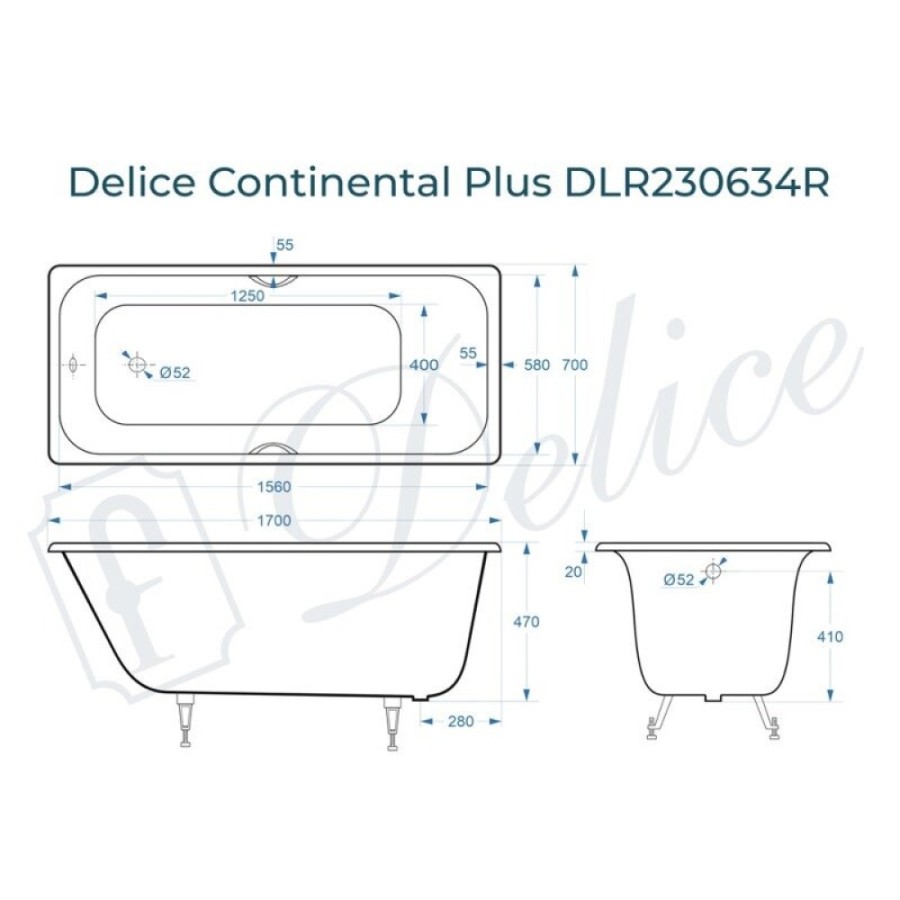 Ванна чугунная Delice Elite Continental Plus DLR230634R, 170 х 70 см, без покрытия, с отверстиями под ручки, без ручек, цвет белый
