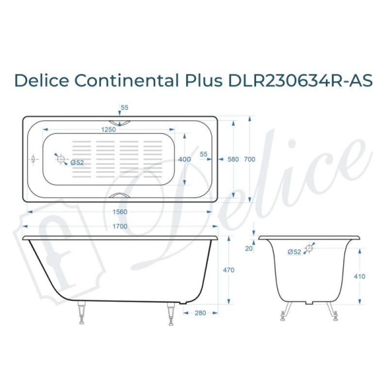 Ванна чугунная Delice Elite Continental Plus DLR230634R-AS, 170 х 70 см, антискользящее покрытие, с отверстиями под ручки, без ручек, цвет белый