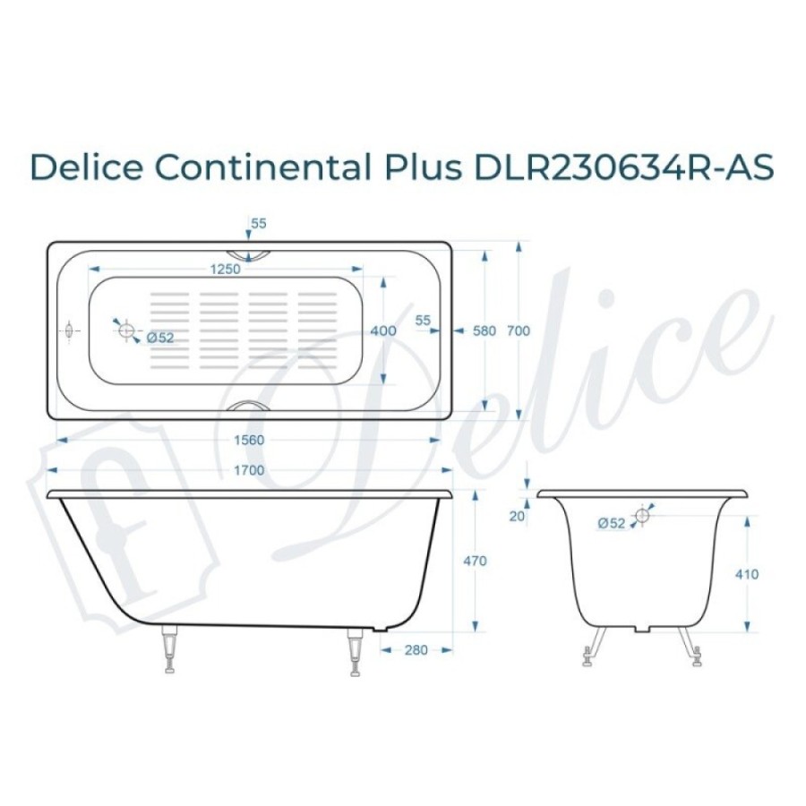 Ванна чугунная Delice Elite Continental Plus DLR230634R-AS, 170 х 70 см, антискользящее покрытие, с отверстиями под ручки, без ручек, цвет белый
