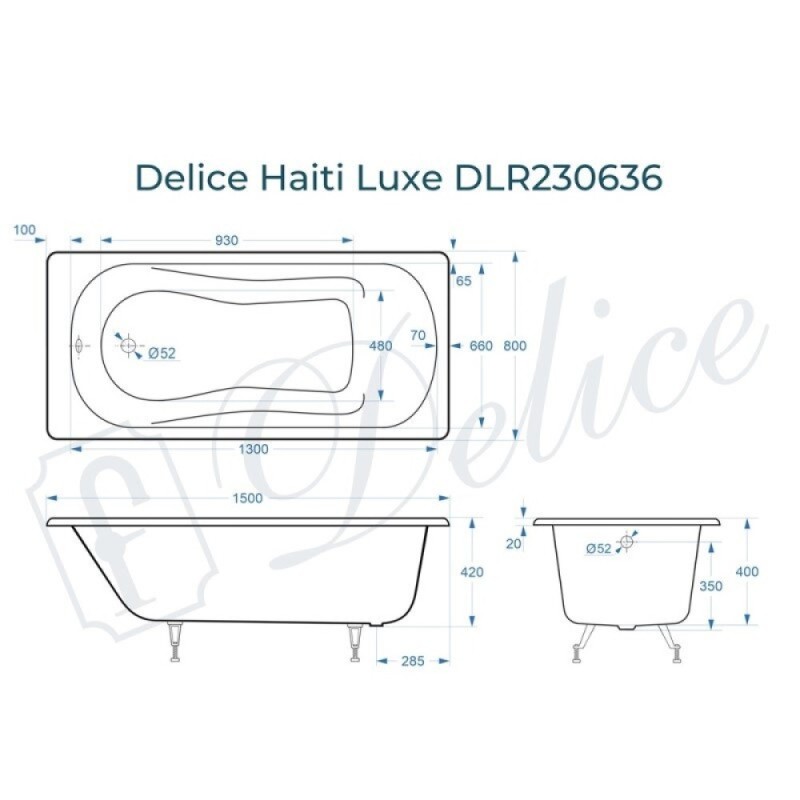 Ванна чугунная Delice Haiti Luxe DLR230636, 150 х 80 см, без покрытия, без ручек, цвет белый