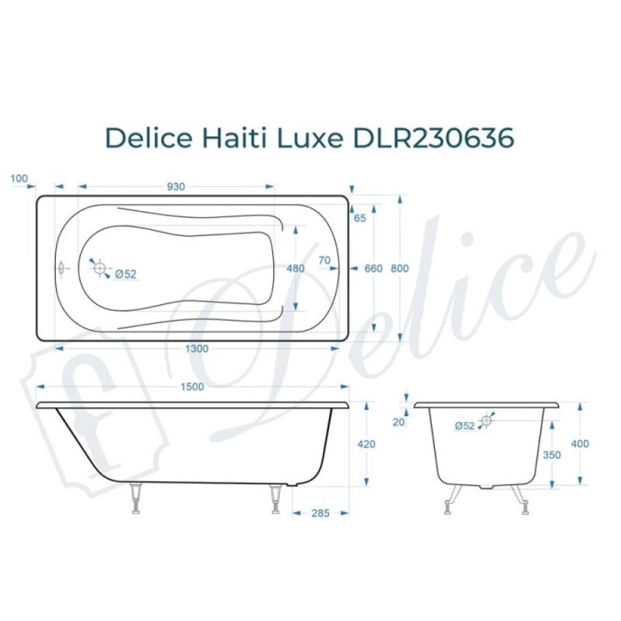 Ванна чугунная Delice Haiti Luxe DLR230636, 150 х 80 см, без покрытия, без ручек, цвет белый