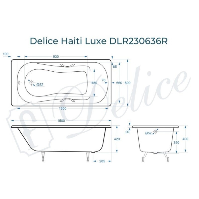Ванна чугунная Delice Haiti Luxe DLR230636R, 150 х 80 см, без покрытия, с отверстиями под ручки, без ручек, цвет белый