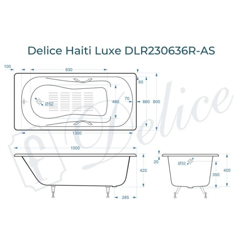 Ванна чугунная Delice Haiti Luxe DLR230636R-AS, 150 х 80 см, антискользящее покрытие, с отверстиями под ручки, без ручек, цвет белый