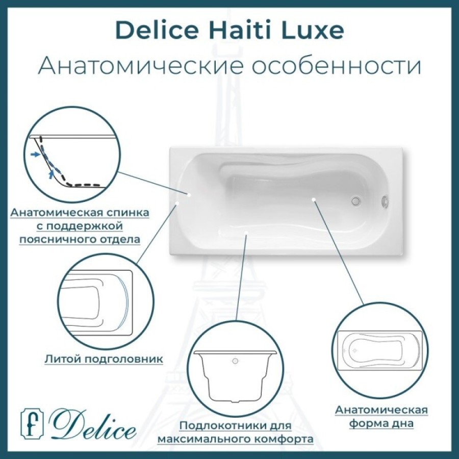 Ванна чугунная Delice Haiti Luxe DLR230637, 160 х 80 см, без покрытия, без ручек, цвет белый