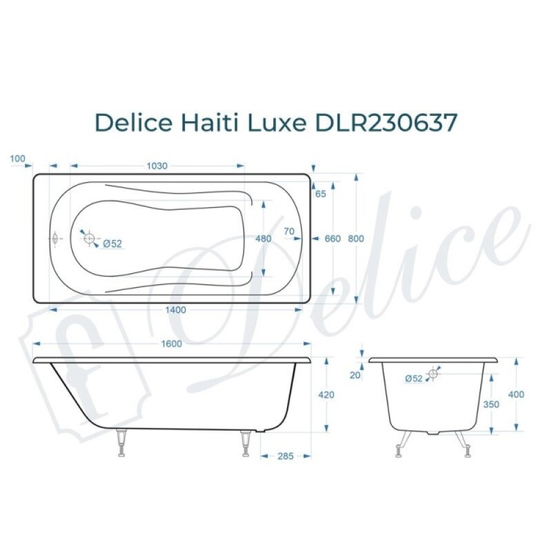 Ванна чугунная Delice Haiti Luxe DLR230637, 160 х 80 см, без покрытия, без ручек, цвет белый
