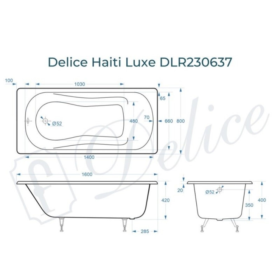 Ванна чугунная Delice Haiti Luxe DLR230637, 160 х 80 см, без покрытия, без ручек, цвет белый
