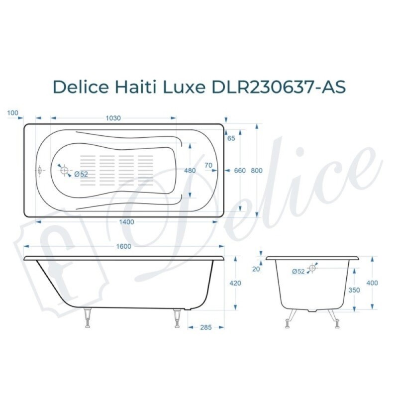 Ванна чугунная Delice Haiti Luxe DLR230637-AS, 160 х 80 см, антискользящее покрытие, без ручек, цвет белый
