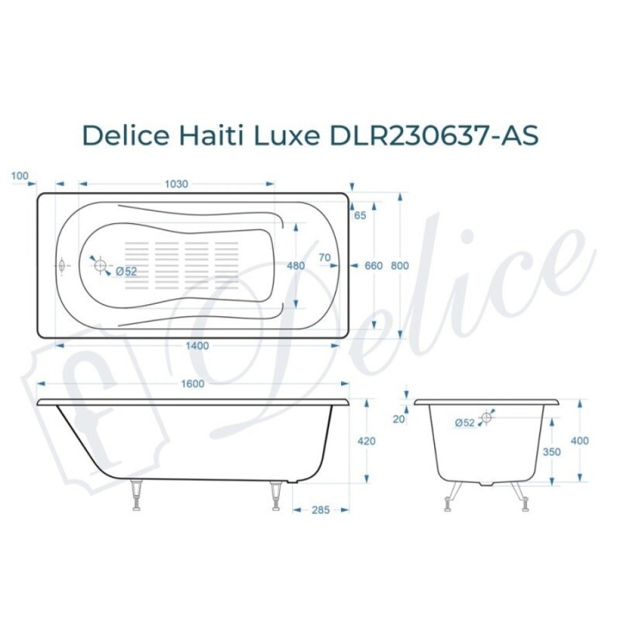 Ванна чугунная Delice Haiti Luxe DLR230637-AS, 160 х 80 см, антискользящее покрытие, без ручек, цвет белый