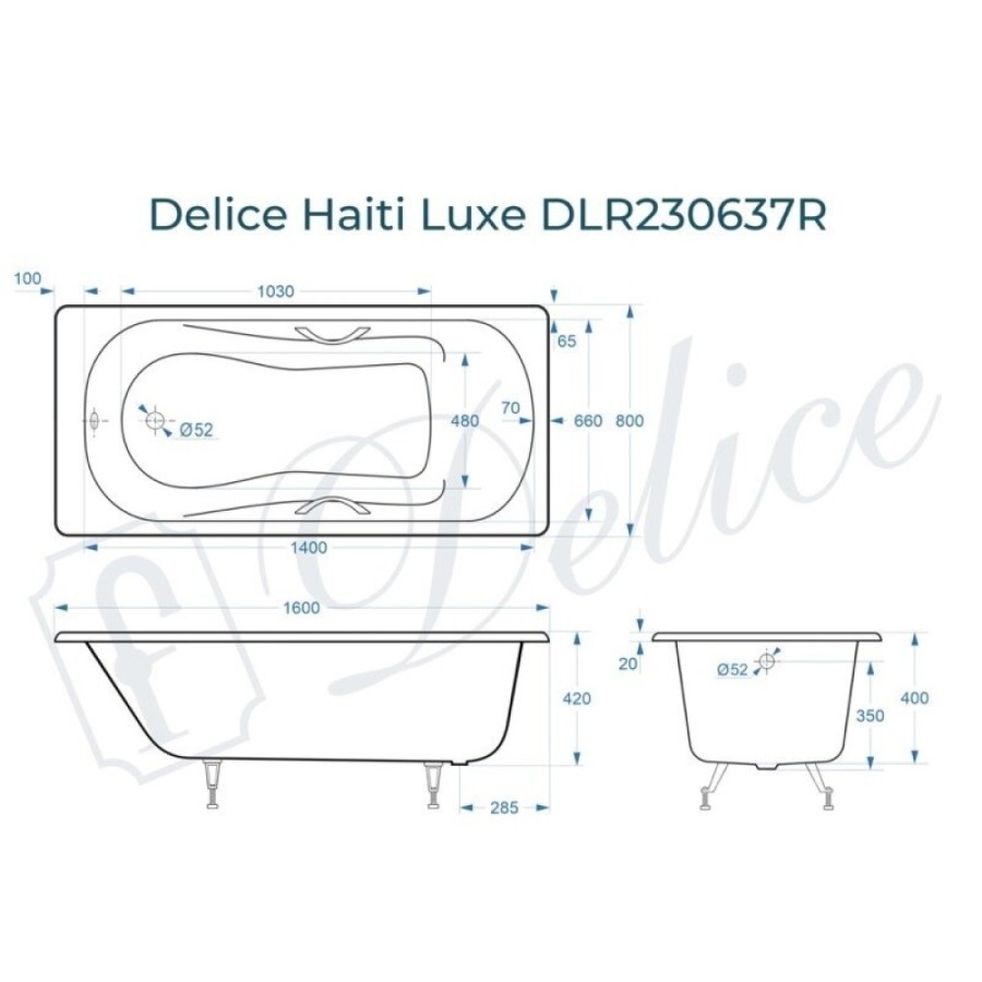 Ванна чугунная Delice Haiti Luxe DLR230637R, 160 х 80 см, без покрытия, с отверстиями под ручки, без ручек, цвет белый