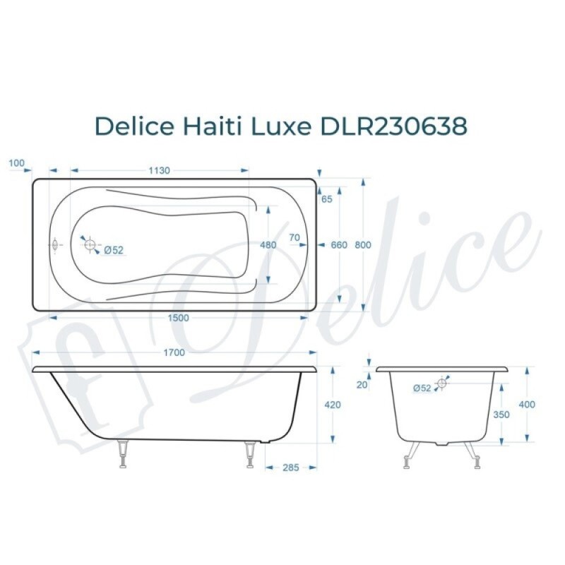 Ванна чугунная Delice Haiti Luxe DLR230638, 170 х 80 см, без покрытия, без ручек, цвет белый