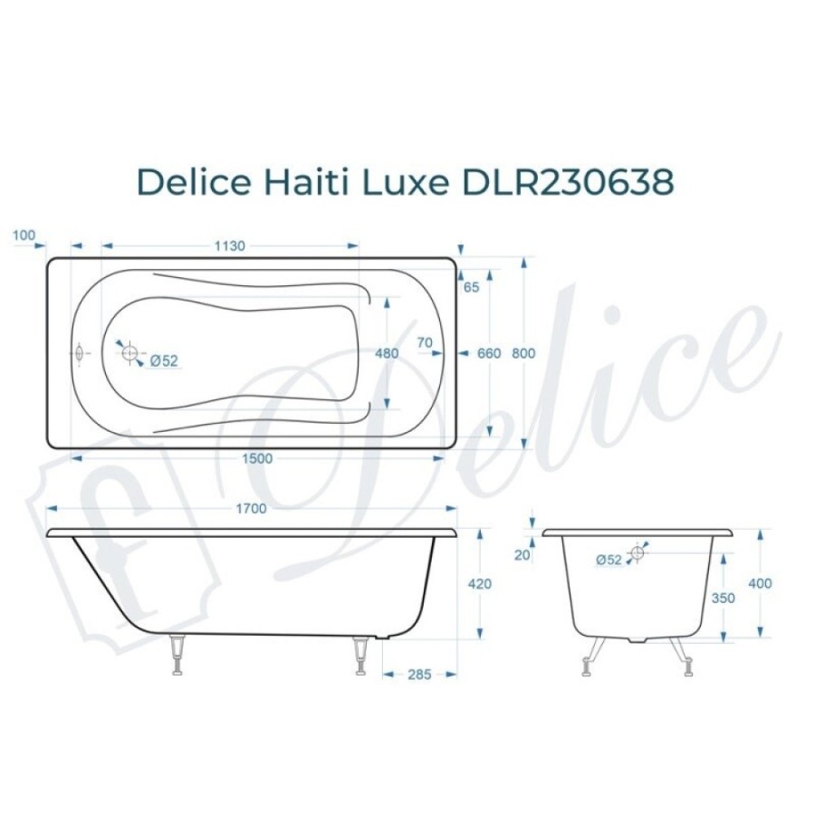Ванна чугунная Delice Haiti Luxe DLR230638, 170 х 80 см, без покрытия, без ручек, цвет белый