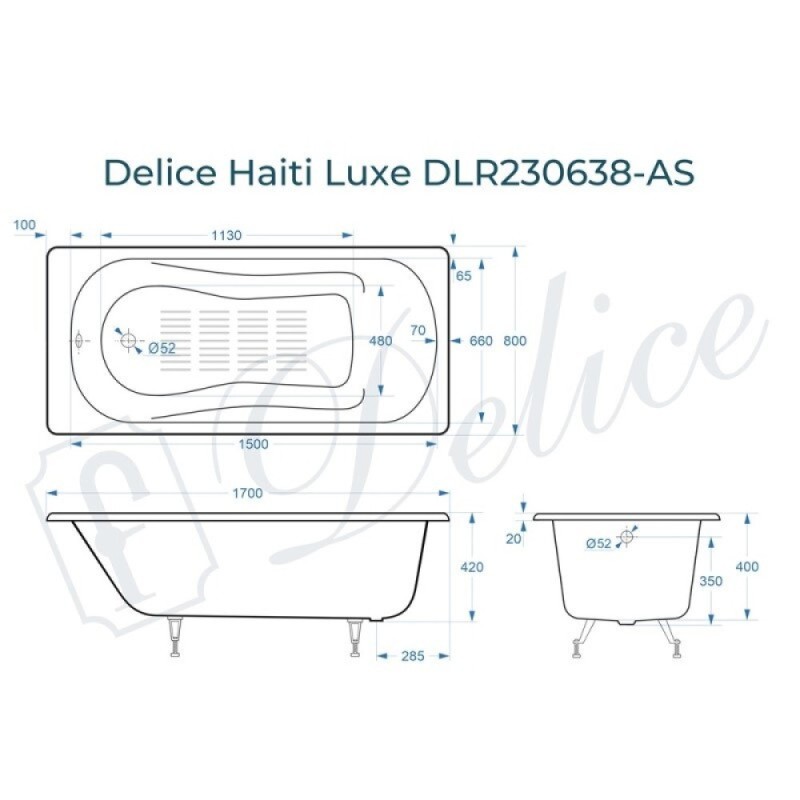Ванна чугунная Delice Haiti Luxe DLR230638-AS, 170 х 80 см, антискользящее покрытие, без ручек, цвет белый