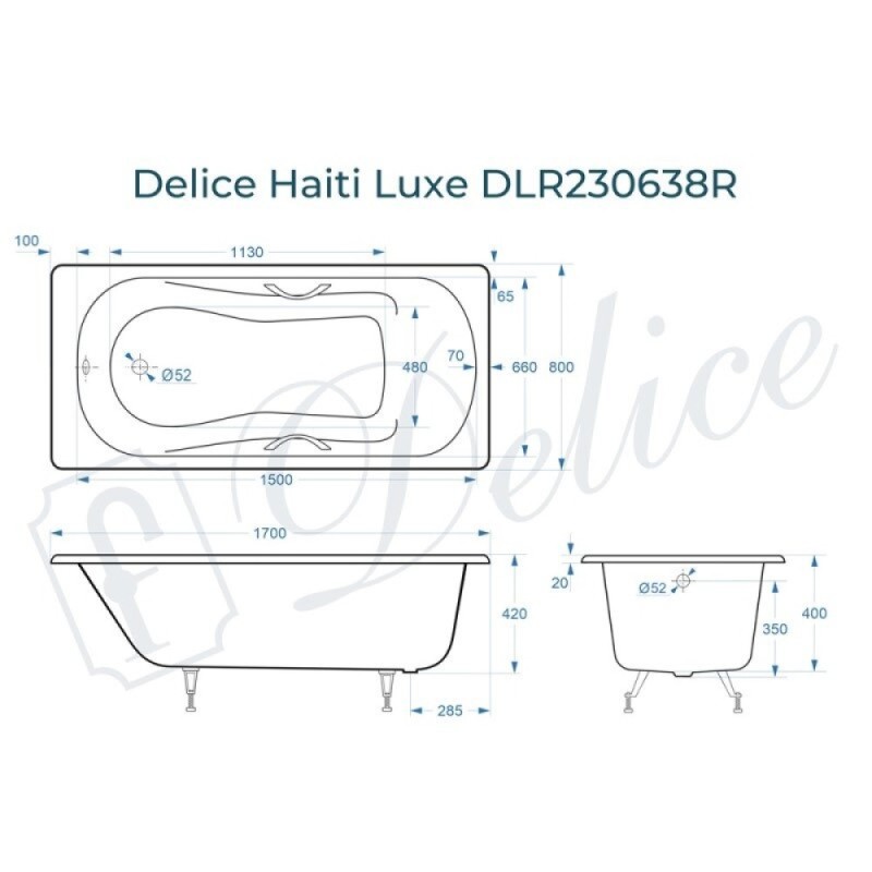 Ванна чугунная Delice Haiti Luxe DLR230638R, 170 х 80 см, без покрытия, с отверстиями под ручки, без ручек, цвет белый