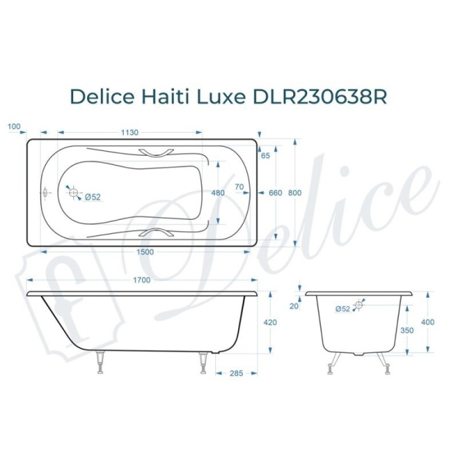 Ванна чугунная Delice Haiti Luxe DLR230638R, 170 х 80 см, без покрытия, с отверстиями под ручки, без ручек, цвет белый