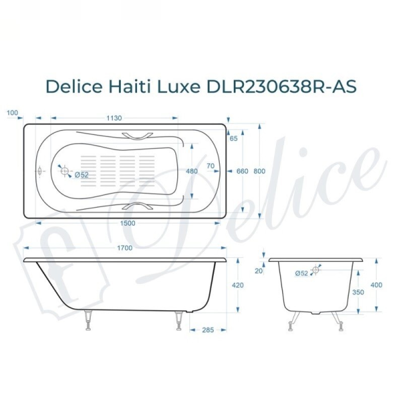 Ванна чугунная Delice Haiti Luxe DLR230638R-AS, 170 х 80 см, антискользящее покрытие, с отверстиями под ручки, без ручек, цвет белый