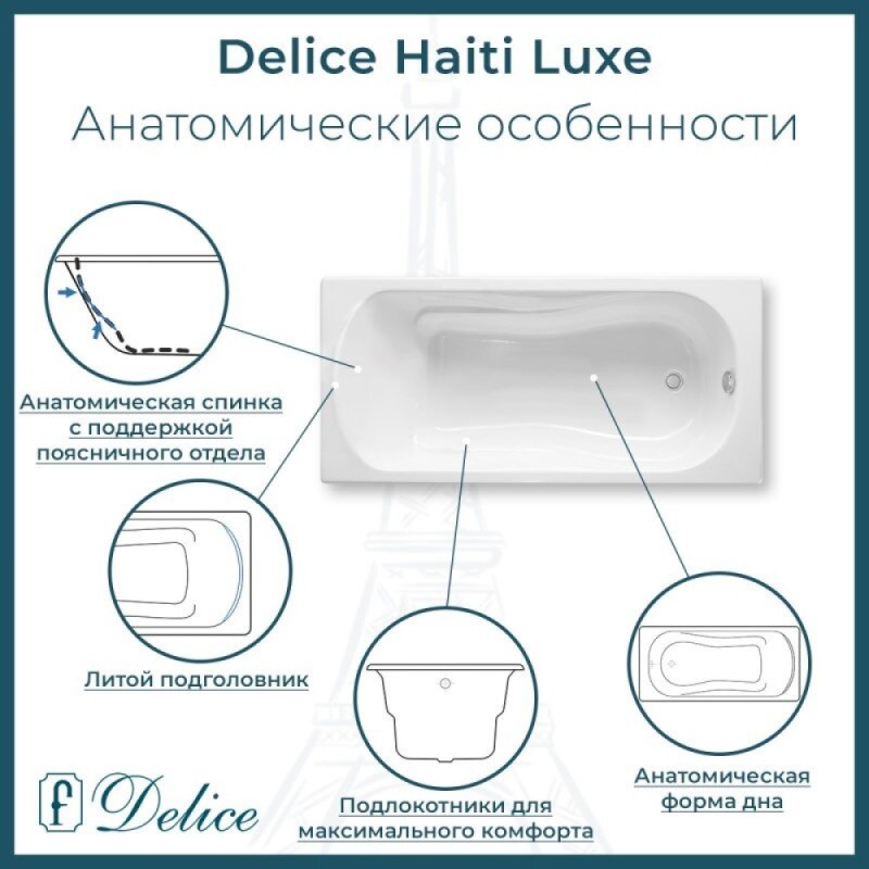 Ванна чугунная Delice Haiti Luxe DLR230639, 180 х 80 см, без покрытия, без ручек, цвет белый