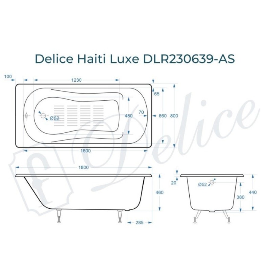 Ванна чугунная Delice Haiti Luxe DLR230639-AS, 180 х 80 см, антискользящее покрытие, без ручек, цвет белый