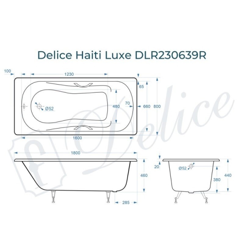 Ванна чугунная Delice Haiti Luxe DLR230639R, 180 х 80 см, без покрытия, с отверстиями под ручки, без ручек, цвет белый
