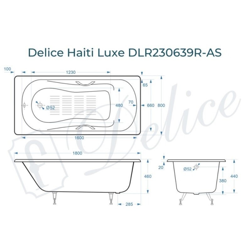 Ванна чугунная Delice Haiti Luxe DLR230639R-AS, 180 х 80 см, антискользящее покрытие, с отверстиями под ручки, без ручек, цвет белый