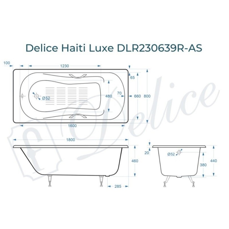 Ванна чугунная Delice Haiti Luxe DLR230639R-AS, 180 х 80 см, антискользящее покрытие, с отверстиями под ручки, без ручек, цвет белый