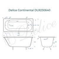 Ванна чугунная Delice Continental DLR230640, 120 х 70 см, без покрытия, без ручек, цвет белый