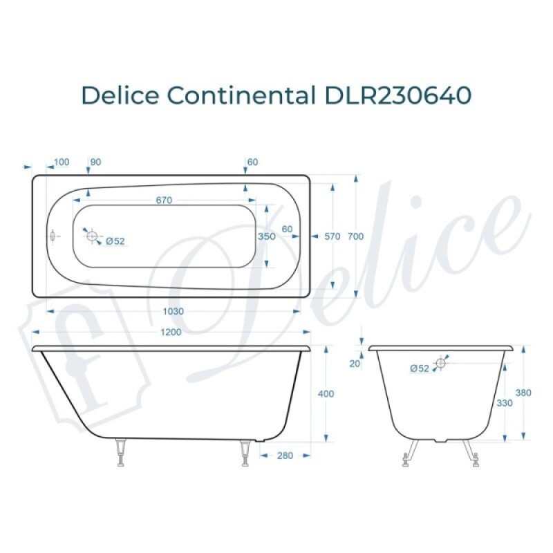 Ванна чугунная Delice Continental DLR230640, 120 х 70 см, без покрытия, без ручек, цвет белый