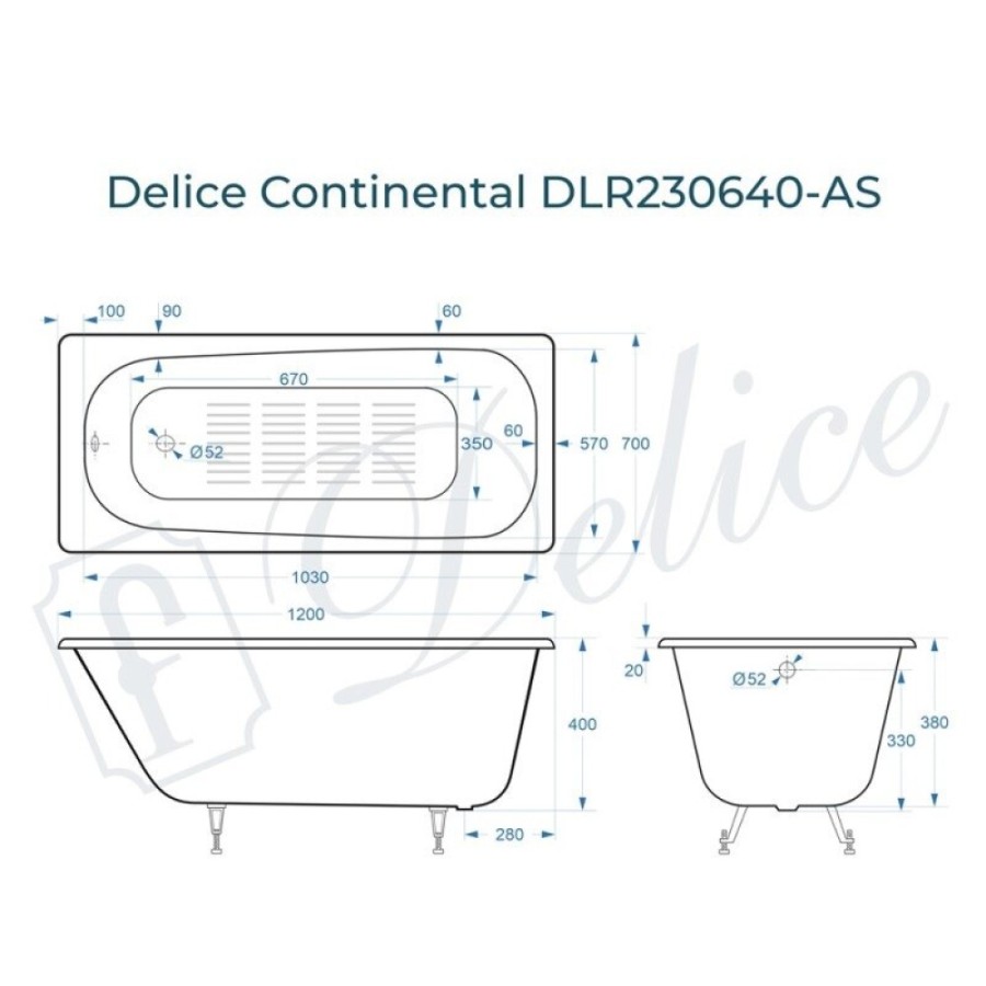Ванна чугунная Delice Continental DLR230640-AS, 120 х 70 см, антискользящее покрытие, без ручек, цвет белый