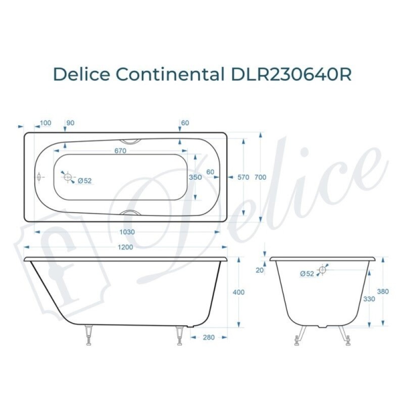 Ванна чугунная Delice Continental DLR230640R, 120 х 70 см, без покрытия, с отверстиями под ручки, без ручек, цвет белый