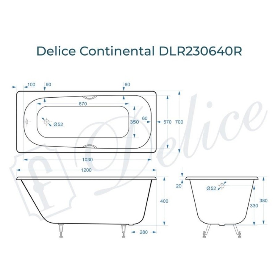 Ванна чугунная Delice Continental DLR230640R, 120 х 70 см, без покрытия, с отверстиями под ручки, без ручек, цвет белый