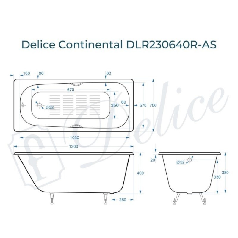 Ванна чугунная Delice Continental DLR230640R-AS, 120 х 70 см, антискользящее покрытие, с отверстиями под ручки, без ручек, цвет белый