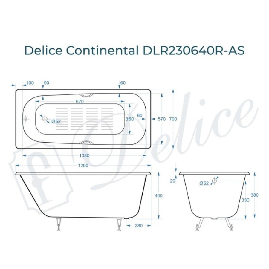 Ванна чугунная Delice Continental DLR230640R-AS, 120 х 70 см, антискользящее покрытие, с отверстиями под ручки, без ручек, цвет белый