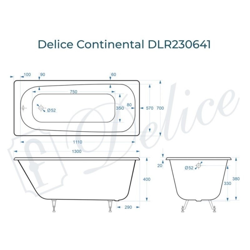 Ванна чугунная Delice Continental DLR230641, 130 х 70 см, без покрытия, без ручек, цвет белый