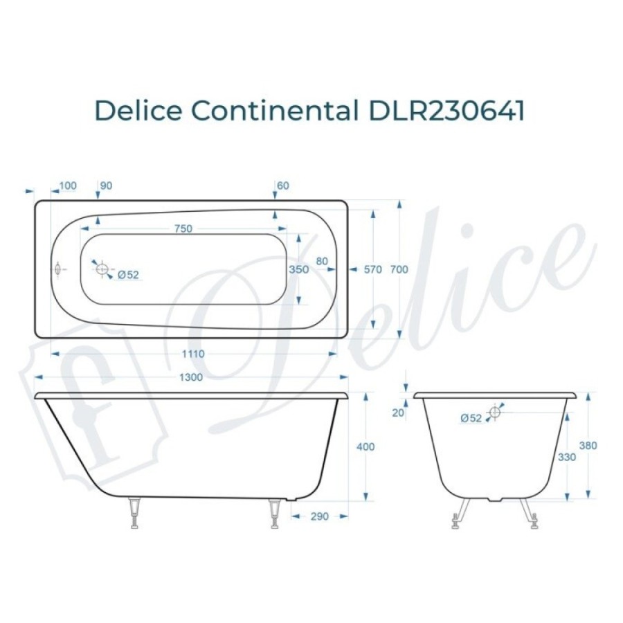 Ванна чугунная Delice Continental DLR230641, 130 х 70 см, без покрытия, без ручек, цвет белый