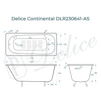 Ванна чугунная Delice Continental DLR230641-AS, 130 х 70 см, антискользящее покрытие, без ручек, цвет белый