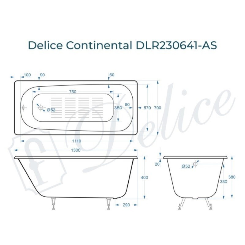 Ванна чугунная Delice Continental DLR230641-AS, 130 х 70 см, антискользящее покрытие, без ручек, цвет белый
