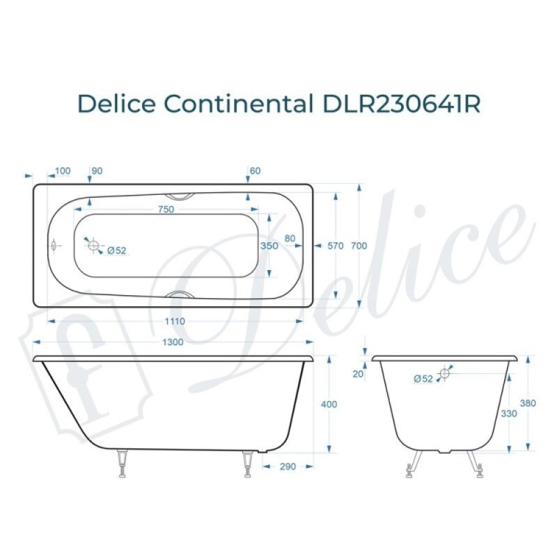 Ванна чугунная Delice Continental DLR230641R, 130 х 70 см, без покрытия, с отверстиями под ручки, без ручек, цвет белый