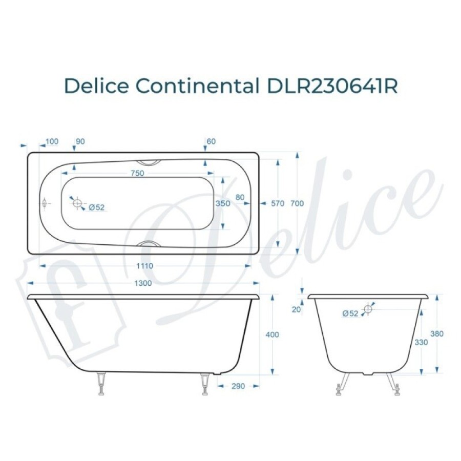 Ванна чугунная Delice Continental DLR230641R, 130 х 70 см, без покрытия, с отверстиями под ручки, без ручек, цвет белый