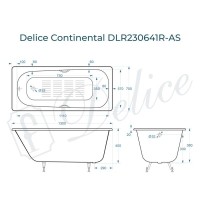 Ванна чугунная Delice Continental DLR230641R-AS, 130 х 70 см, антискользящее покрытие, с отверстиями под ручки, без ручек, цвет белый