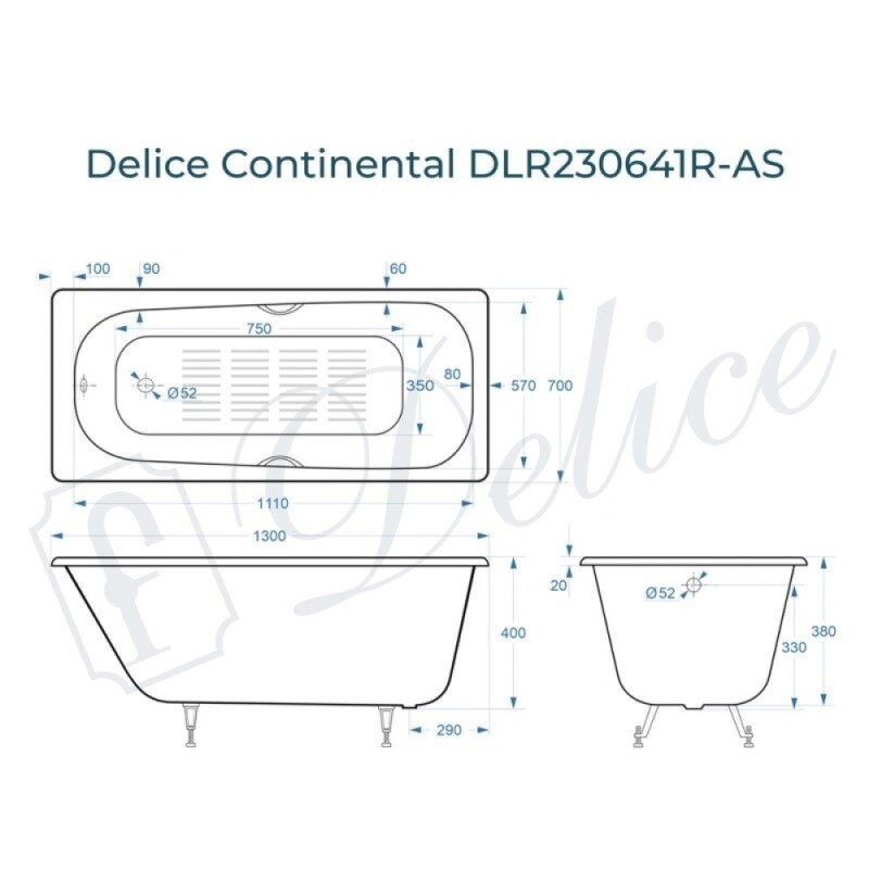 Ванна чугунная Delice Continental DLR230641R-AS, 130 х 70 см, антискользящее покрытие, с отверстиями под ручки, без ручек, цвет белый